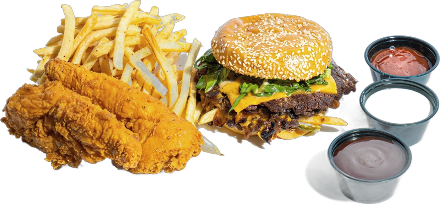 The Banger Box: an All American smash burger, two crispy tenders, fries and three sauces